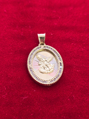 10K Solid Real Gold TC CZ Oval ST. Michael Pendant Charm with Box Chain