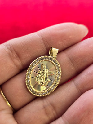10K Solid Real Gold TC CZ Oval ST. Michael Pendant Charm with Box Chain