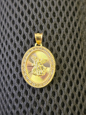 10K Solid Real Gold TC CZ Oval ST. Michael Pendant Charm with Box Chain