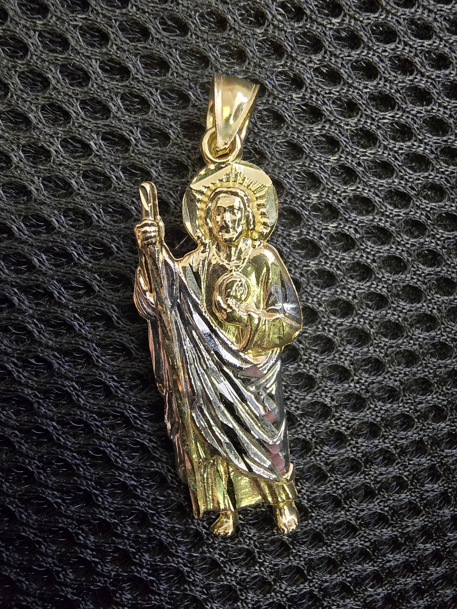 10K Solid Real Two Tone Gold Saint Jude Medium Pendant Charm with Box Chain