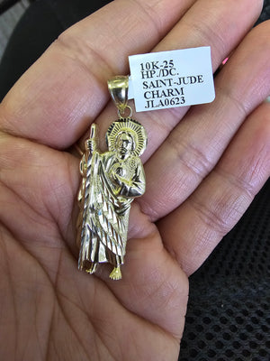 10K Solid Real Gold Saint Jude Medium Pendant Charm with Box Chain