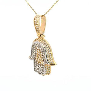 10K Real Gold Two-Tone CZ Hamsa Medium Charm with Box Chain