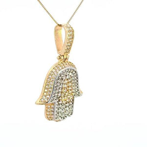 10K Real Gold Two-Tone CZ Hamsa Medium Charm with Box Chain