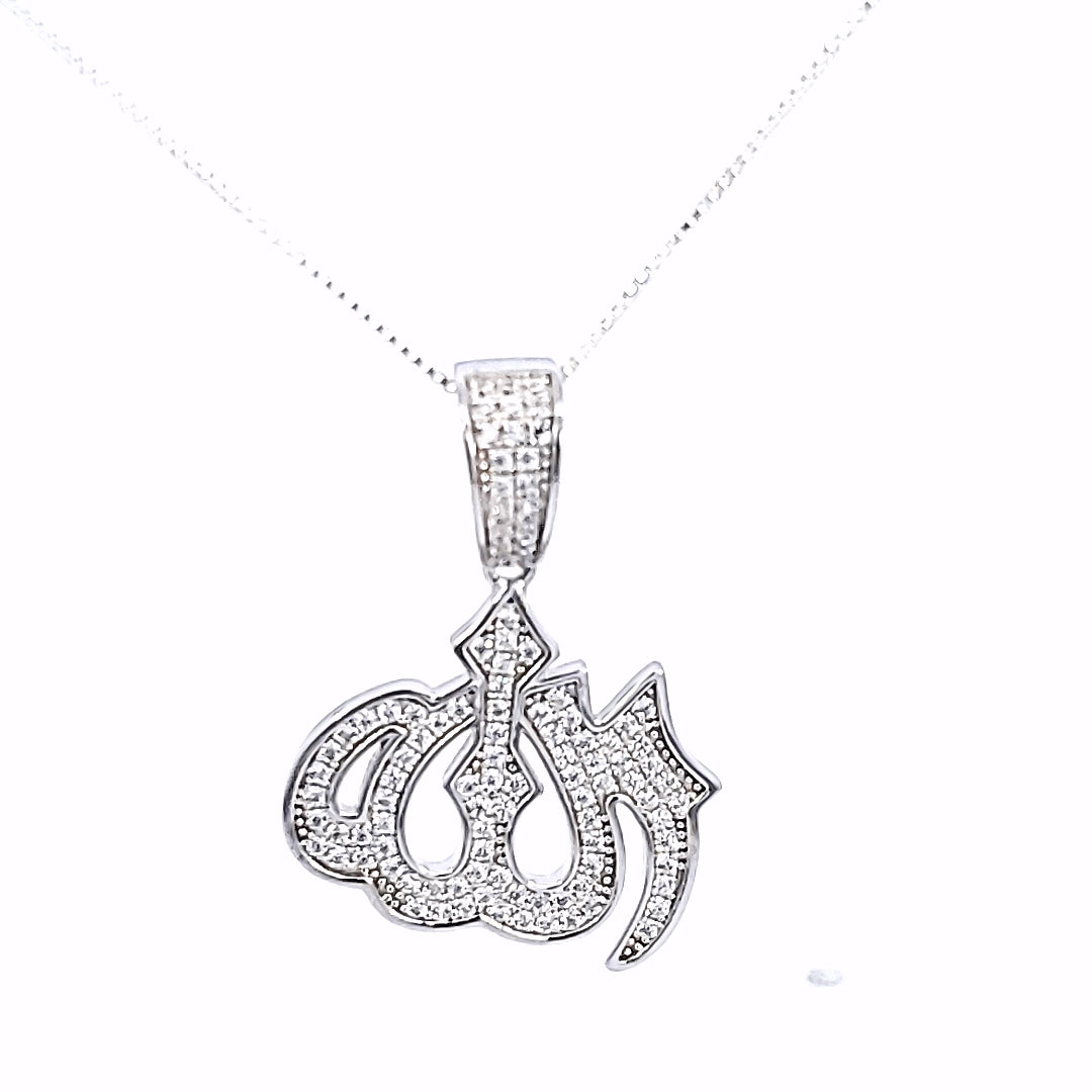 925 Sterling Silver (Made in Italy) Allah Charm Cz (Charm - L-0.8in x H-1.1in) with Box Chain