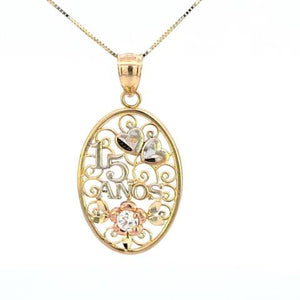 10K Tricolor Gold Oval Filigree 15 Anos Quinceanera Charm with Box Chain