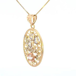 10K Tricolor Gold Oval Filigree 15 Anos Quinceanera Charm with Box Chain