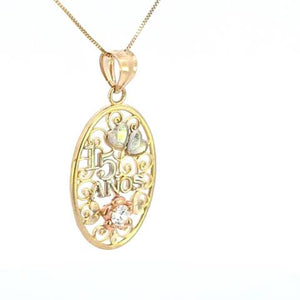 10K Tricolor Gold Oval Filigree 15 Anos Quinceanera Charm with Box Chain