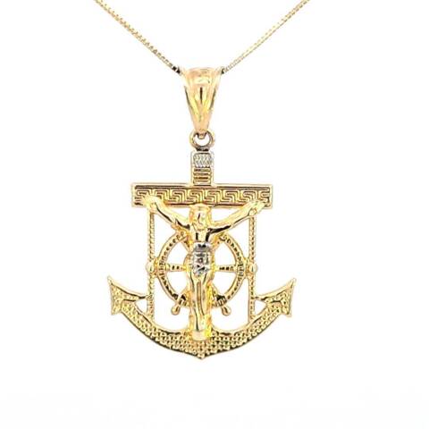 10K Real Gold Two tone Anchor with Jesus Medium Charm with Box Chain