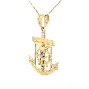 10K Real Gold Two tone Anchor with Jesus Medium Charm with Box Chain