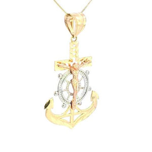 10K Real Gold Tricolor DC Anchor with Jesus Big Charm with Box Chain