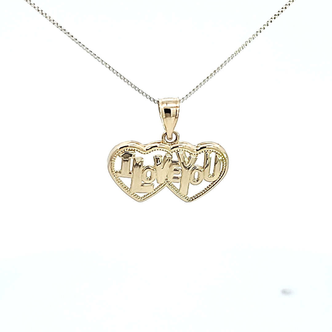 10K Solid Real Gold Twin Heart with I Love You Charm/Pendant with Box Chain
