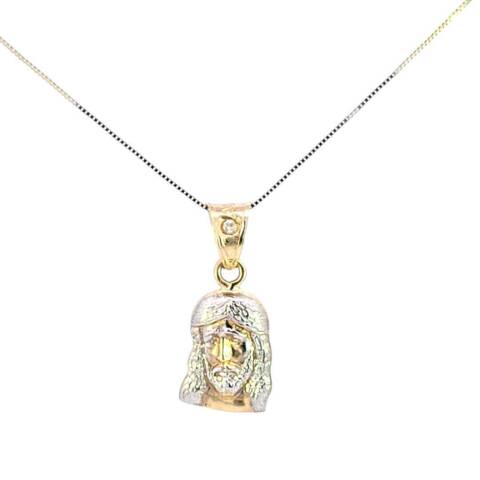10K Real Gold Two-Tone Small Jesus Face CZ Charm with Box Chain