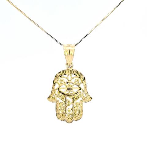 10K Real Gold Filigree Hamsa Hand Charm with Box Chain