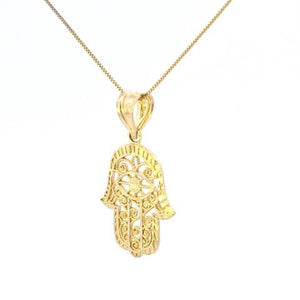 10K Real Gold Filigree Hamsa Hand Charm with Box Chain