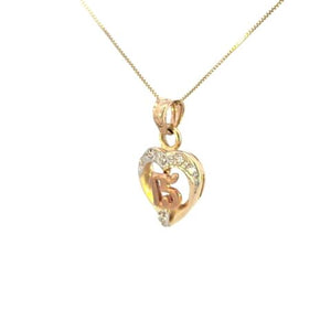 10K Real Gold Tricolor "15" Heart CZ Small Charm with Box Chain