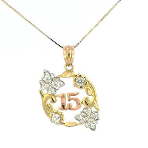 10K Real Gold TC CZ 15 Anos Quinceanera Charm with Butterfly with Box Chain