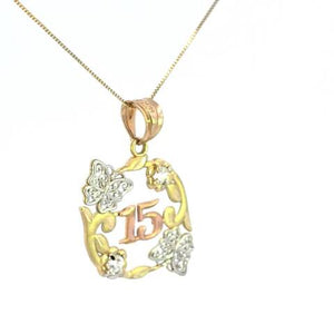10K Real Gold TC CZ 15 Anos Quinceanera Charm with Butterfly with Box Chain
