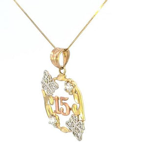 10K Real Gold TC CZ 15 Anos Quinceanera Charm with Butterfly with Box Chain