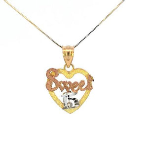 10K Real Gold Tricolor Sweet 15 Heart Charm with Box Chain