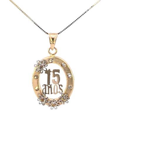 10K Real Gold 15 Anos Oval Charm with Flowers & CZ, with Box Chain