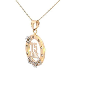 14K Real Gold 15 Anos CZ Oval Charm with Flowers & Box Chain