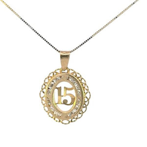 10K Real Gold "15" Oval CZ Fancy Charm with Box Chain