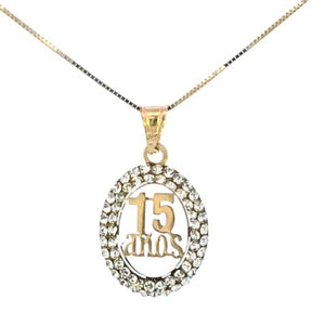 10K Real Gold 15 Anos Oval CZ Small Charm with Box Chain