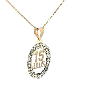 14K Real Gold 15 Anos Oval CZ Small Charm with Box Chain