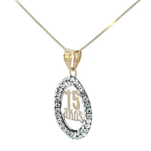14K Real Gold 15 Anos Oval CZ Small Charm with Box Chain