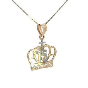 10K Real Gold Two-Tone 15 Anos Quinceanera Crown Tiara CZ Charm with Box Chain