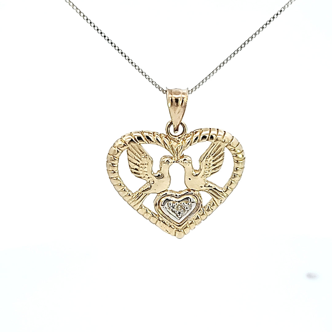 10K Solid Real Gold Two-Tone Heart with Birds Charm/Pendant with Box Chain