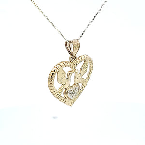 10K Solid Real Gold Two-Tone Heart with Birds Charm/Pendant with Box Chain