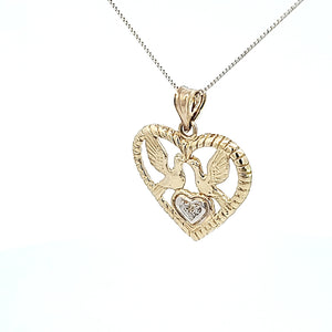 10K Solid Real Gold Two-Tone Heart with Birds Charm/Pendant with Box Chain