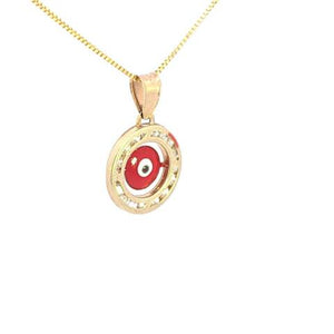 10K Real Gold Round Evil Eye Red CZ Small Charm with Box Chain