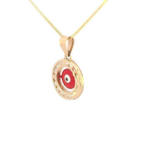 10K Real Gold Round Evil Eye Red CZ Small Charm with Box Chain