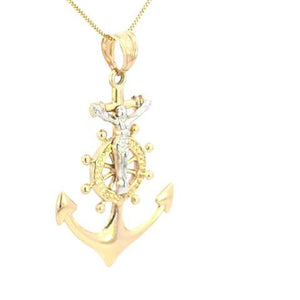 10K Real Gold Two-Tone Double Sided Anchor Jesus Charm with Box Chain