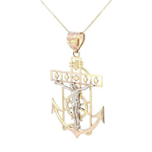 10K Real Gold Two-Tone Anchor Crucifix Cross Jesus Charm with Box Chain
