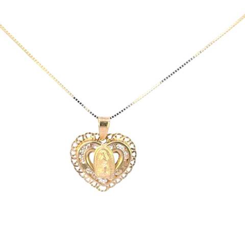 10K Real Gold Mother Mary CZ Heart Small Charm with Box Chain