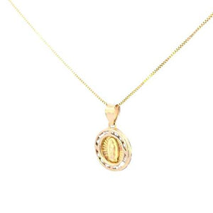 10K Real Gold TriColor Round Mother Mary CZ Small Charm with Box Chain