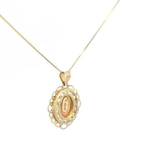 10K Real Gold Mother Mary Oval CZ Two-Tone Charm with Box Chain