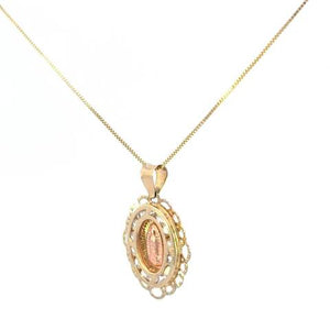 10K Real Gold Mother Mary Oval CZ Two-Tone Charm with Box Chain