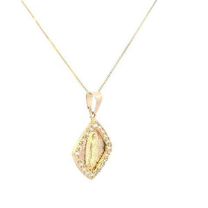 10K Real Gold Rhombus CZ Mother Mary Charm with Box Chain