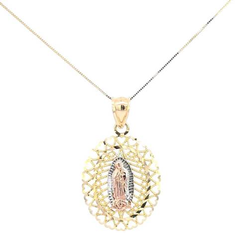 10K Real Gold Tri Color Oval Filigree Design Mother Mary Charm with Box Chain