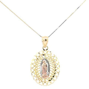 10K Real Gold Oval Filigree Fancy Mother Mary Charm with Box Chain