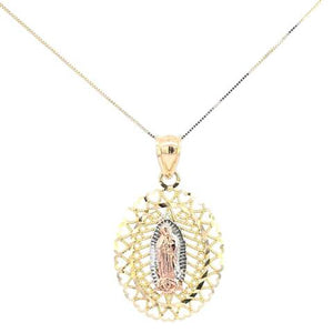 10K Real Gold Tri Color Oval Filigree Design Mother Mary Charm with Box Chain