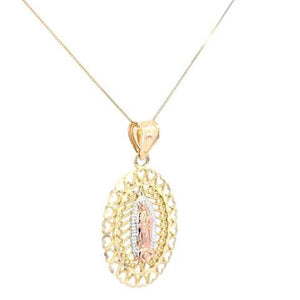 10K Real Gold Tri Color Oval Filigree Design Mother Mary Charm with Box Chain