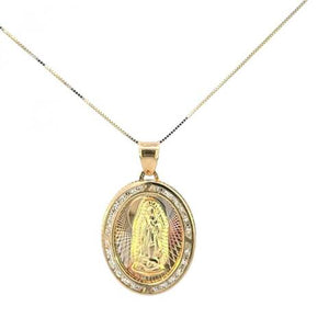 10K Real Gold Two-Tone CZ Mother Mary Oval Charm with Box Chain