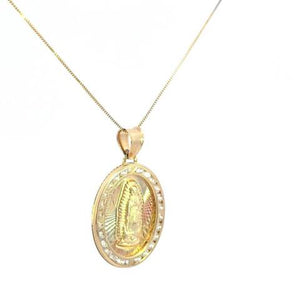 10K Real Gold Two-Tone CZ Mother Mary Oval Charm with Box Chain