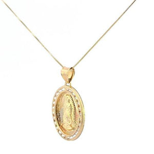 10K Real Gold Two-Tone CZ Mother Mary Oval Charm with Box Chain