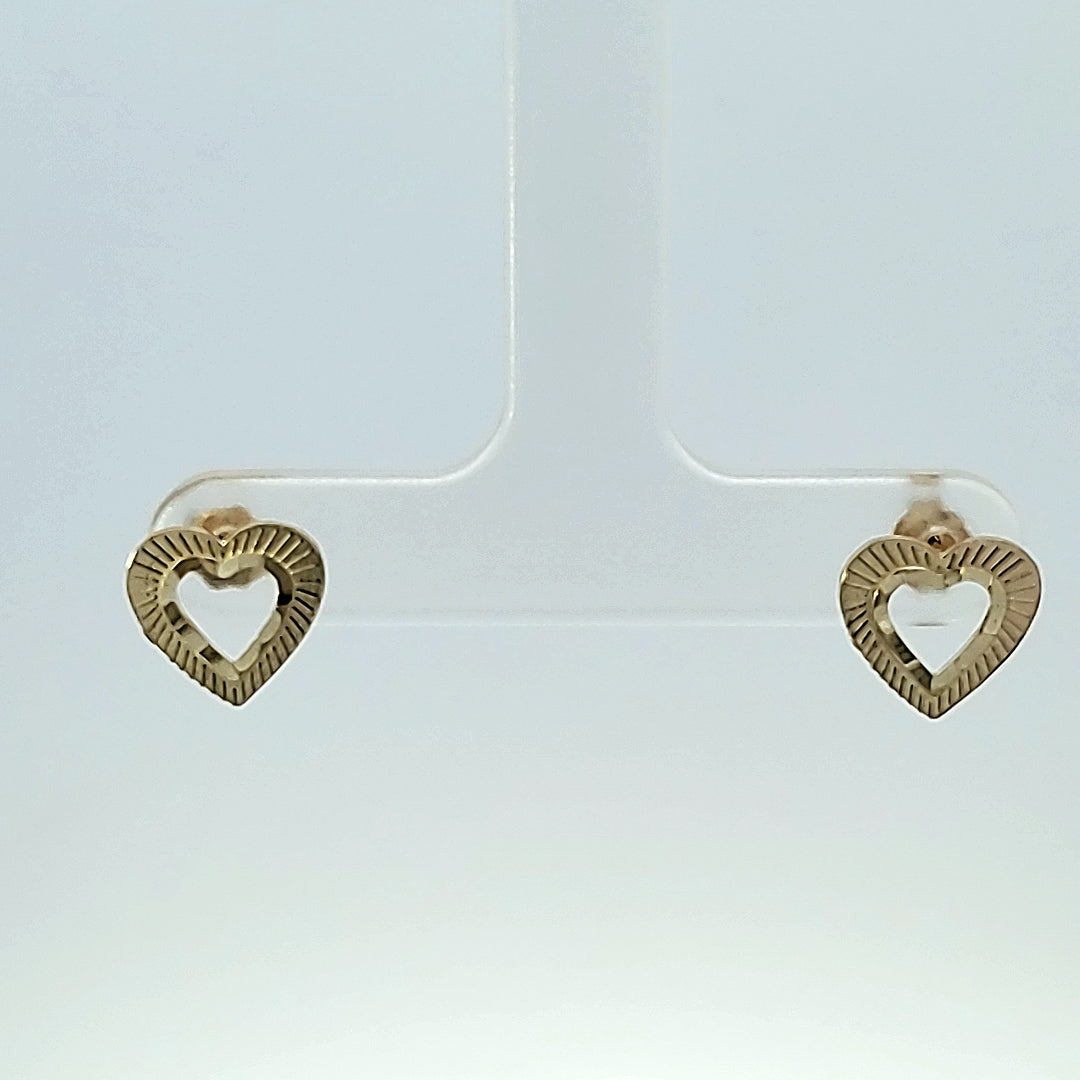10K Solid Yellow Gold Diamond Cut Heart Earrings